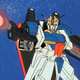 A gundam suit firing a huge gun against a blue backdrop
